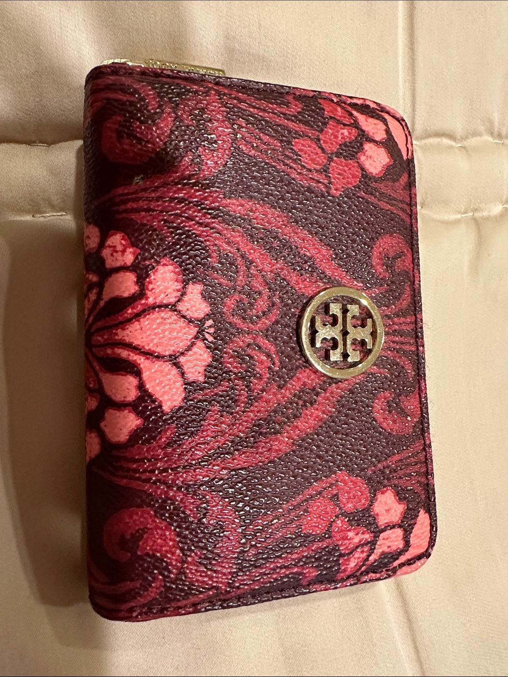 Used once Tory Burch Pink and Burgundy Floral Leather Wallet with Gold Logo